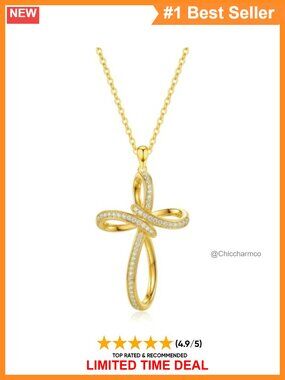 14K Gold Finish Twisted Cross Infinity Pendant Necklace Women Religious